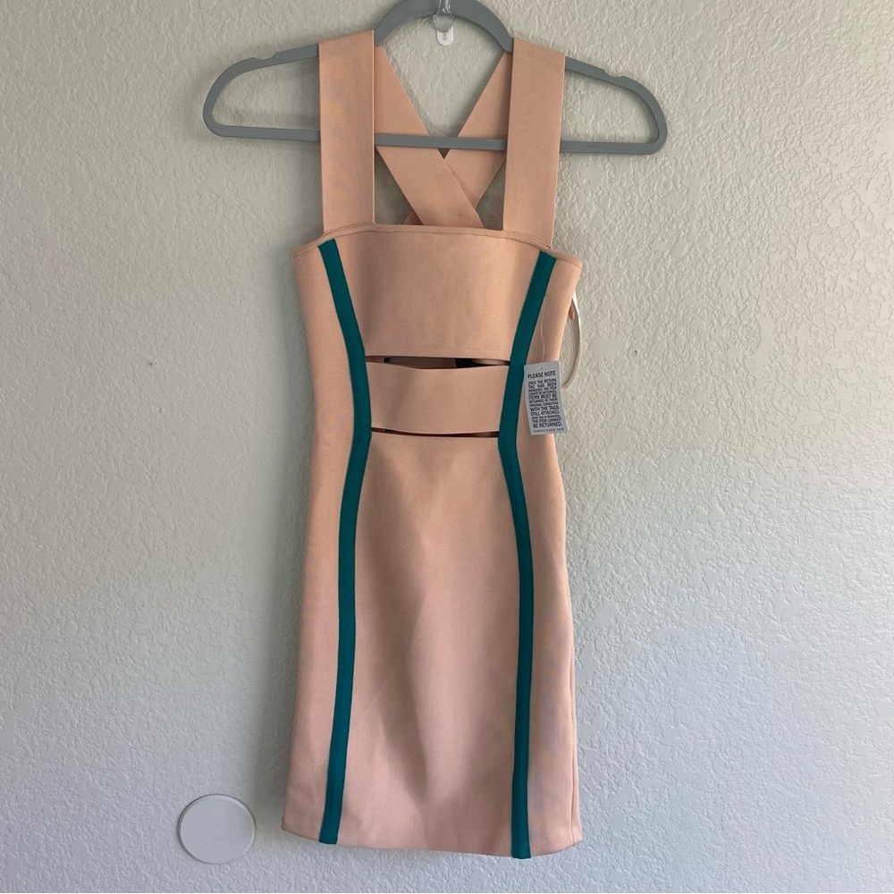 NWT Herve by Herve Leger Straps Cut Out Peach Bandage Bodycon Dress